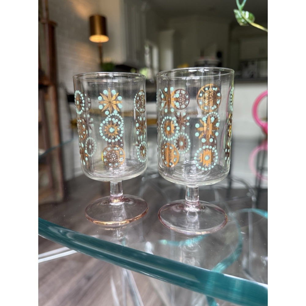 Set Of 2 Vintage MCM 
Dorothy Thorpe Glama Sinclair Atomic Star Cordial Glasses